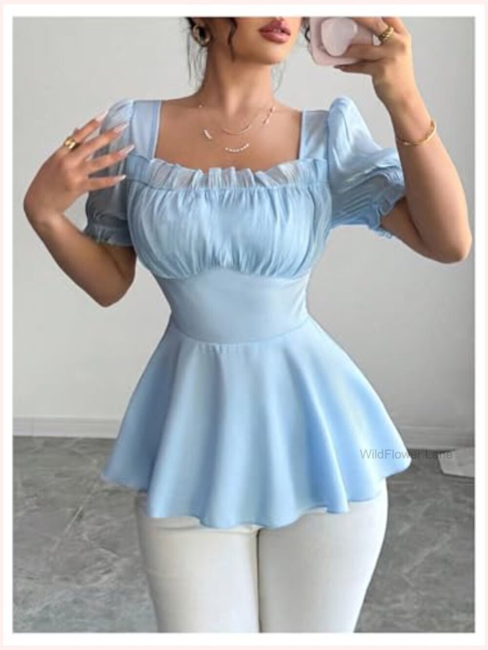 Women's Elegant Peplum Top with Puff Sleeve and Ruched Bust - Picture 5 of 5